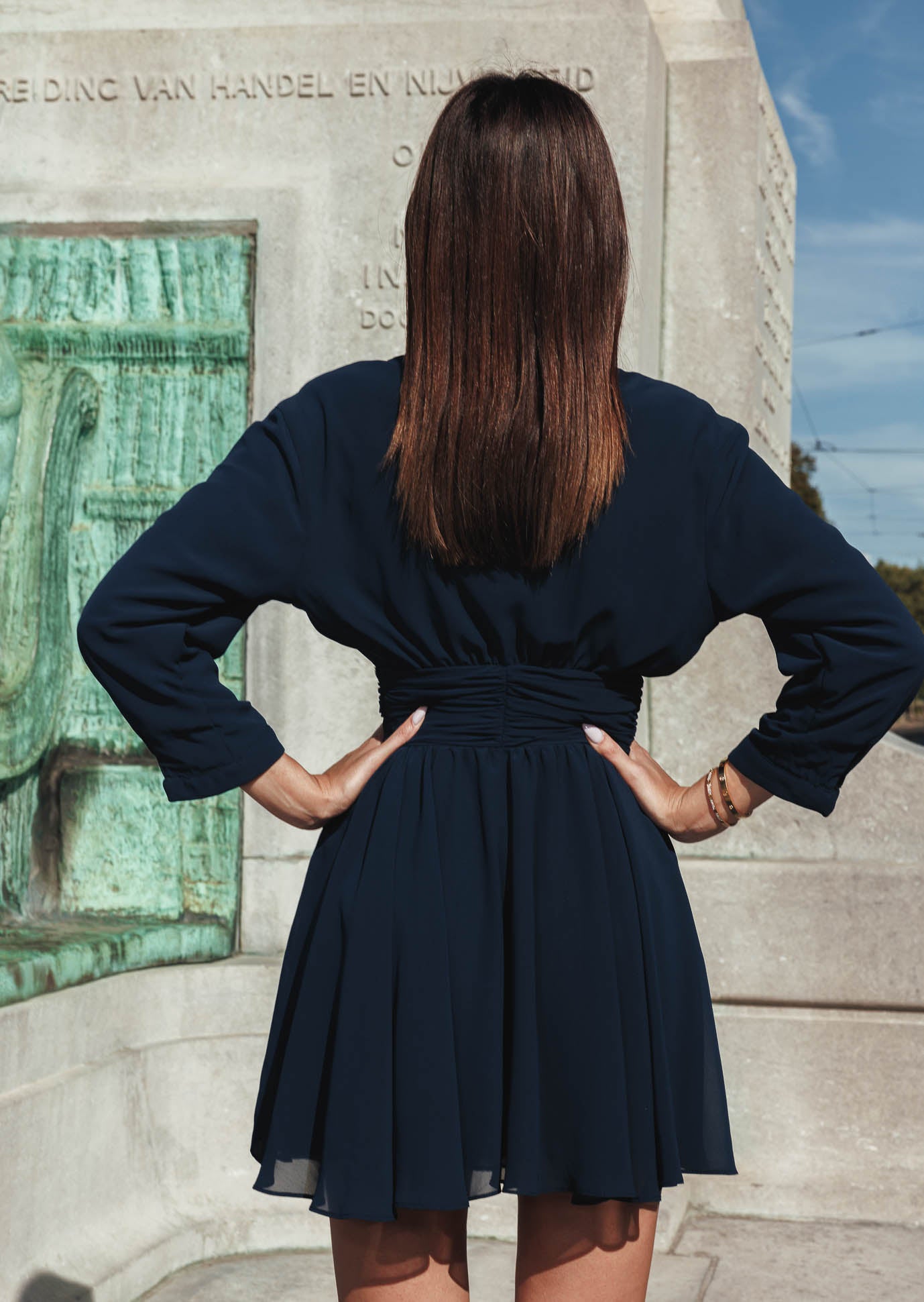 Long Sleeved Navy Blue Chiffon Dress