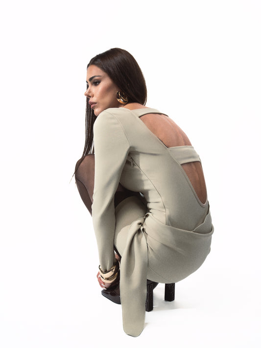 Sand Ruched Knot Dress