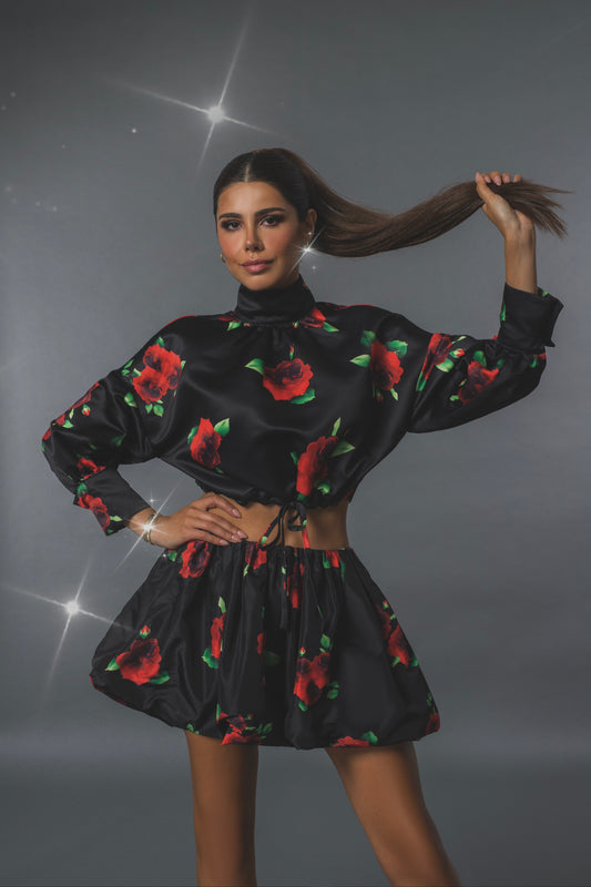 Black Red Roses Two Piece Dress