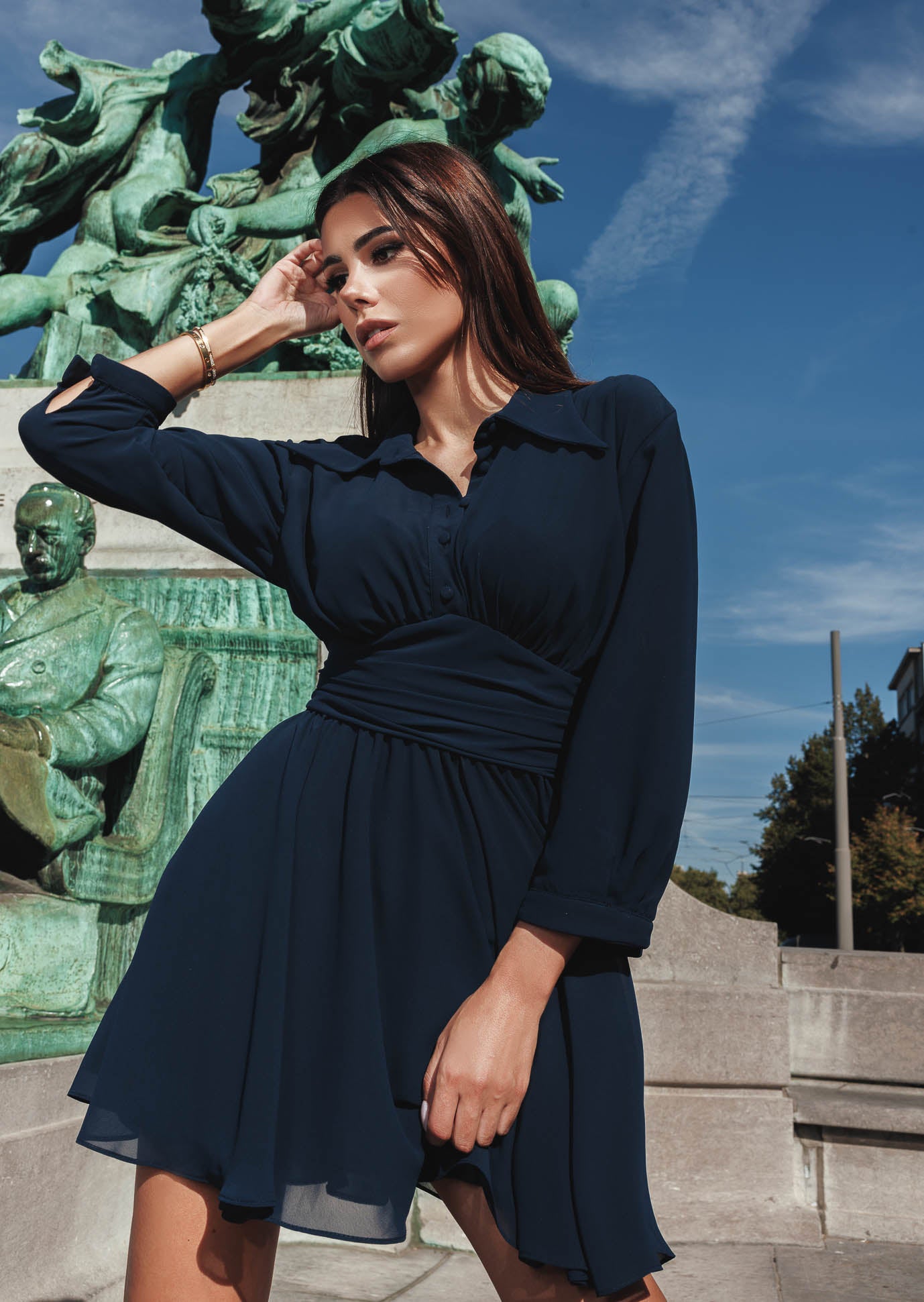 Long Sleeved Navy Blue Chiffon Dress