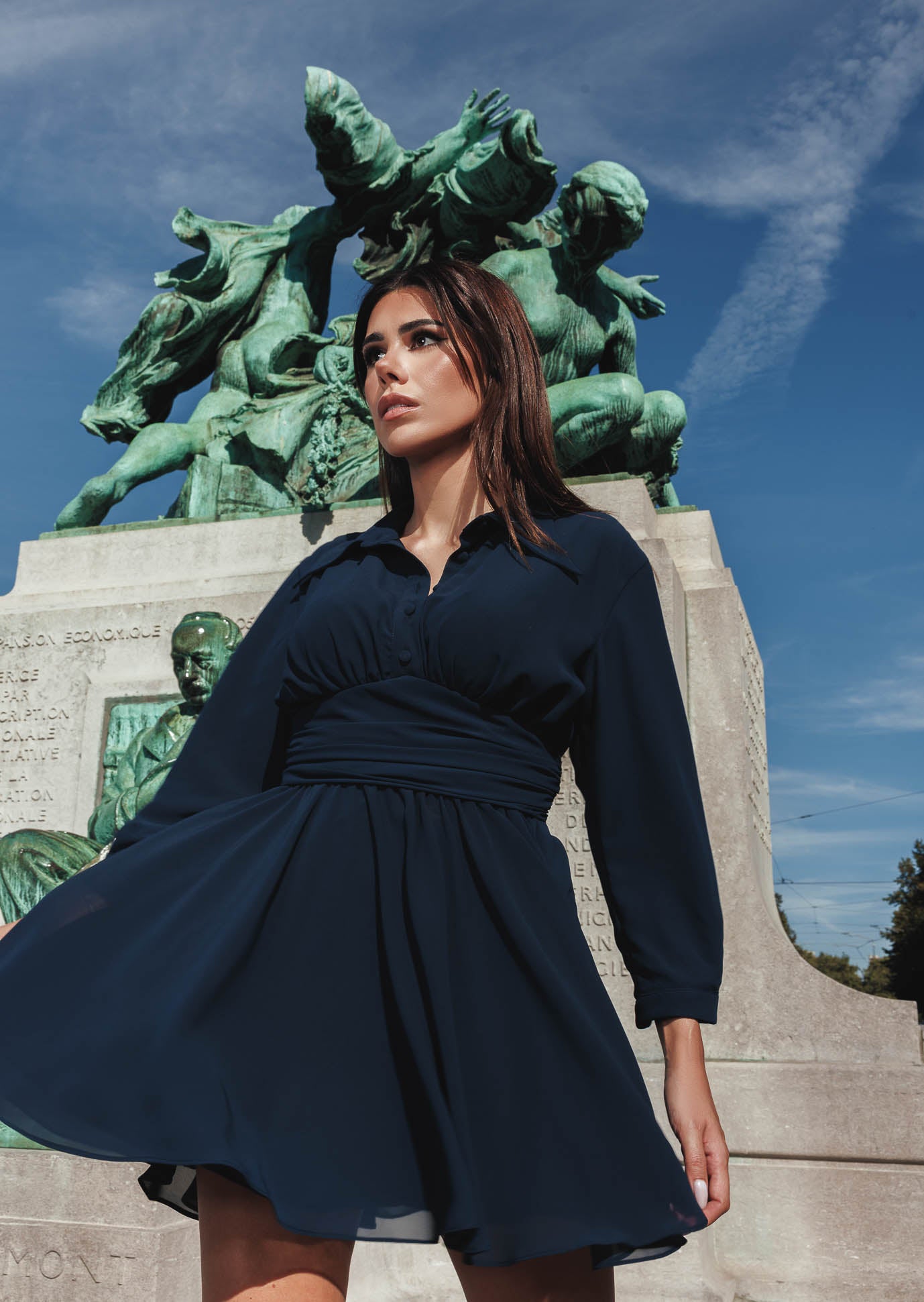 Long Sleeved Navy Blue Chiffon Dress