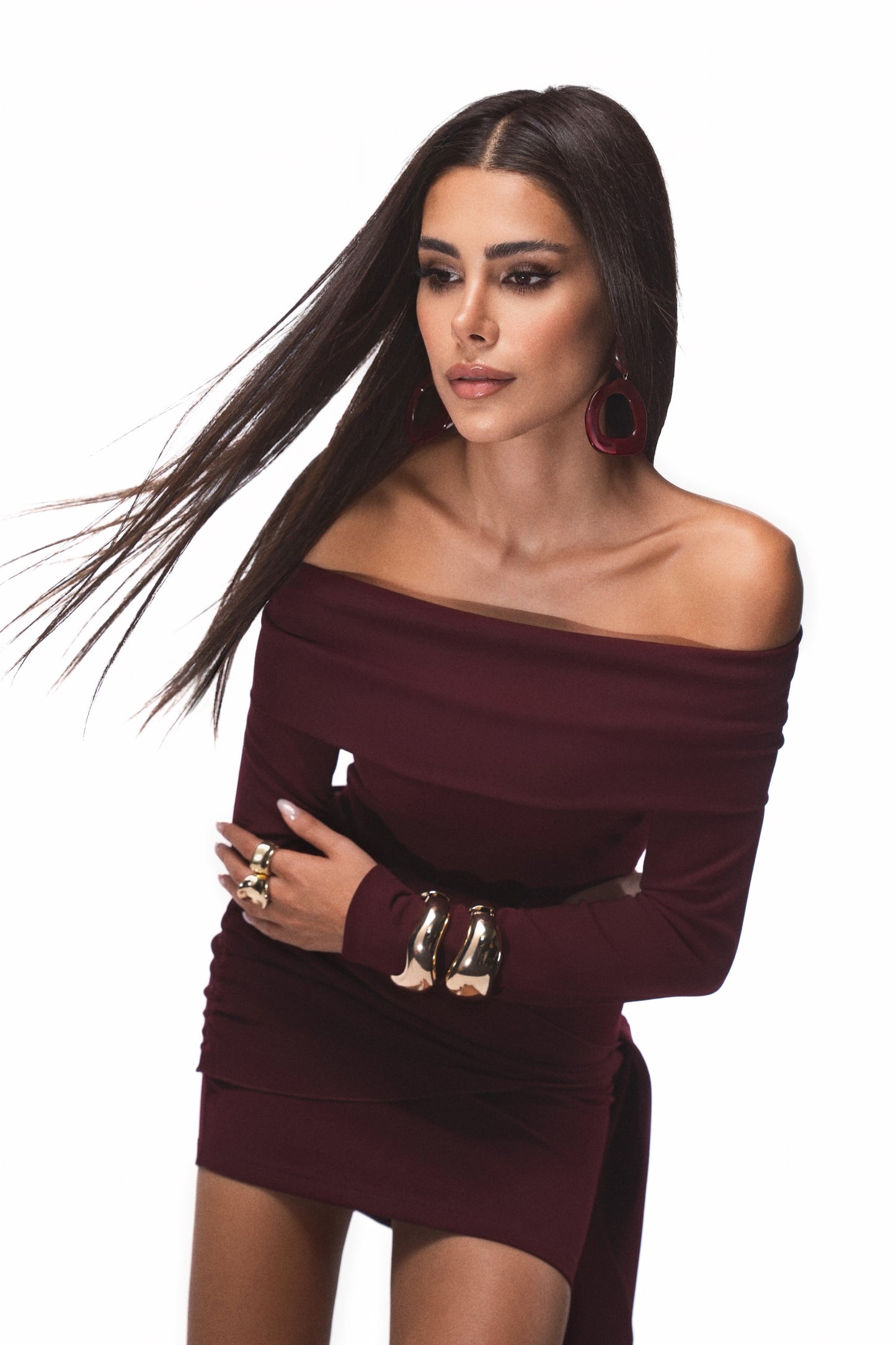 Burgundy Off-Shoulder Knot Dress