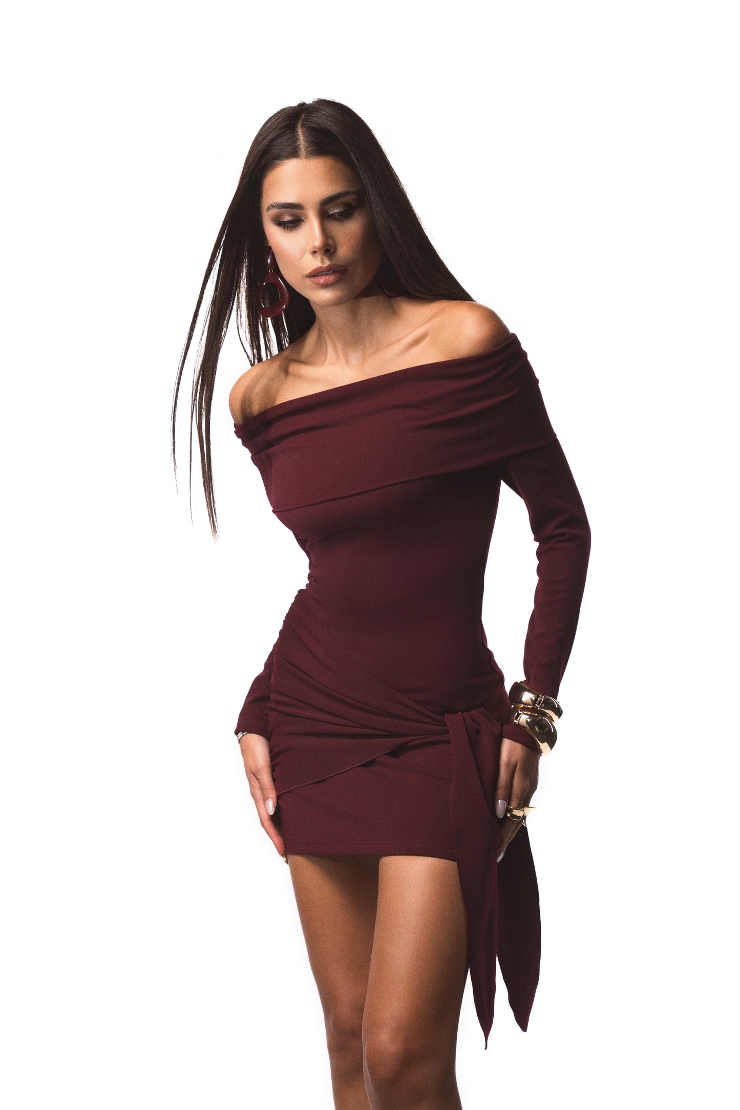Burgundy Off-Shoulder Knot Dress