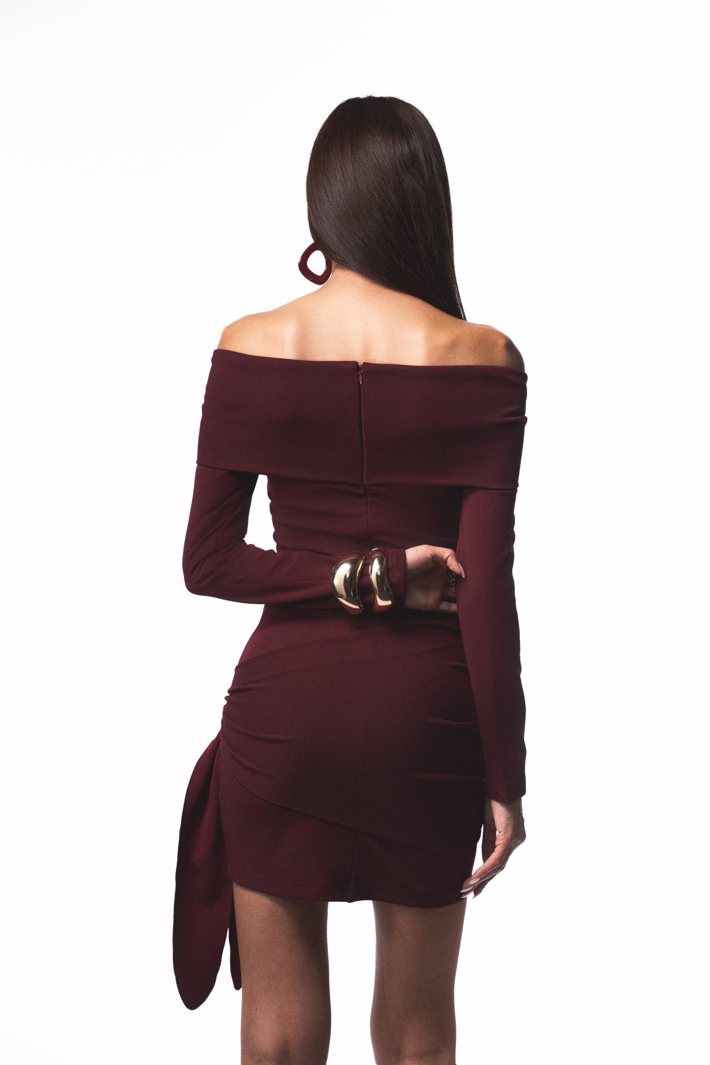 Burgundy Off-Shoulder Knot Dress