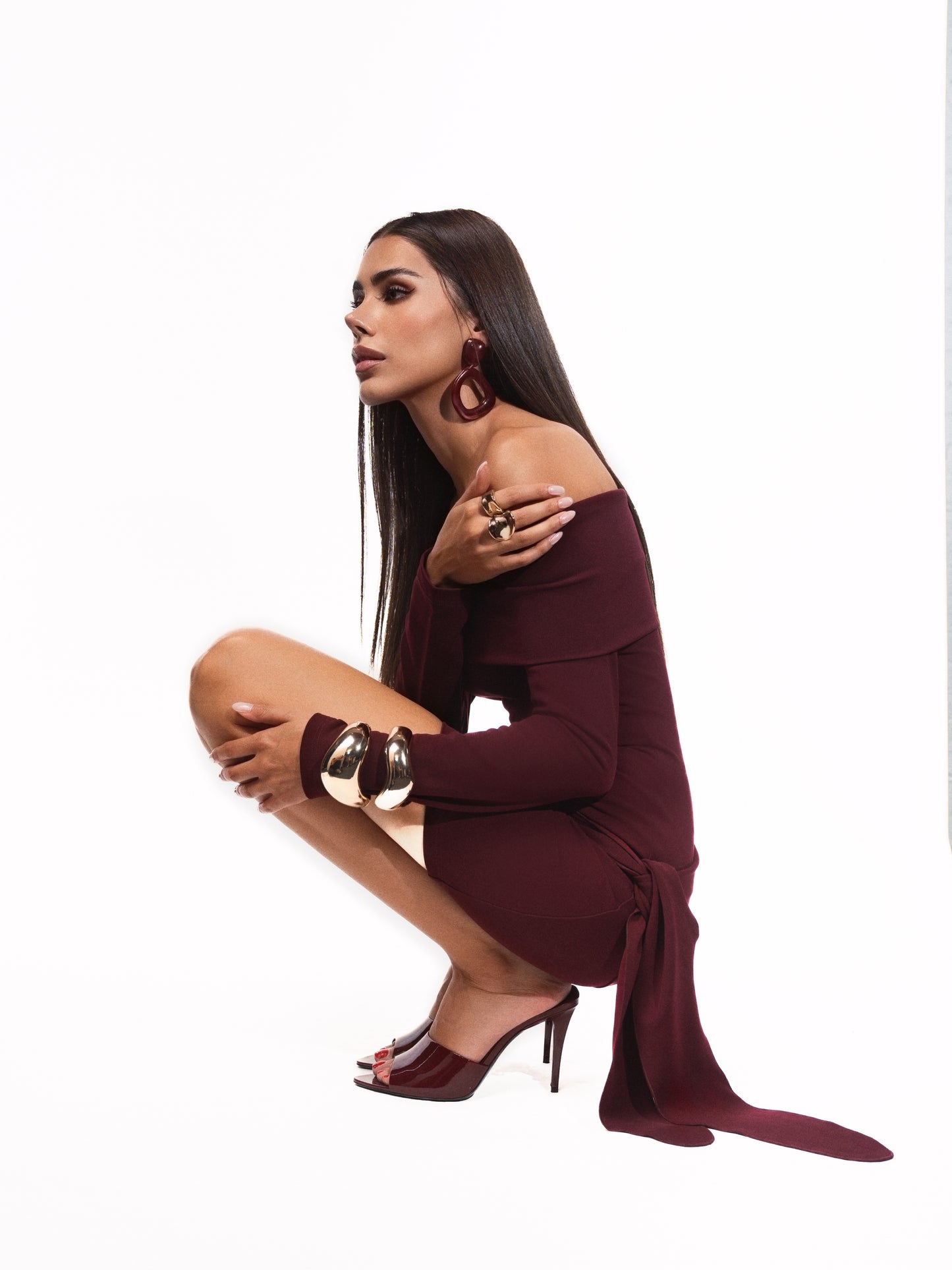Burgundy Off-Shoulder Knot Dress