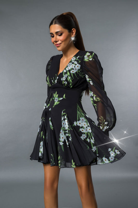 Fall Print Chiffon Black Dress