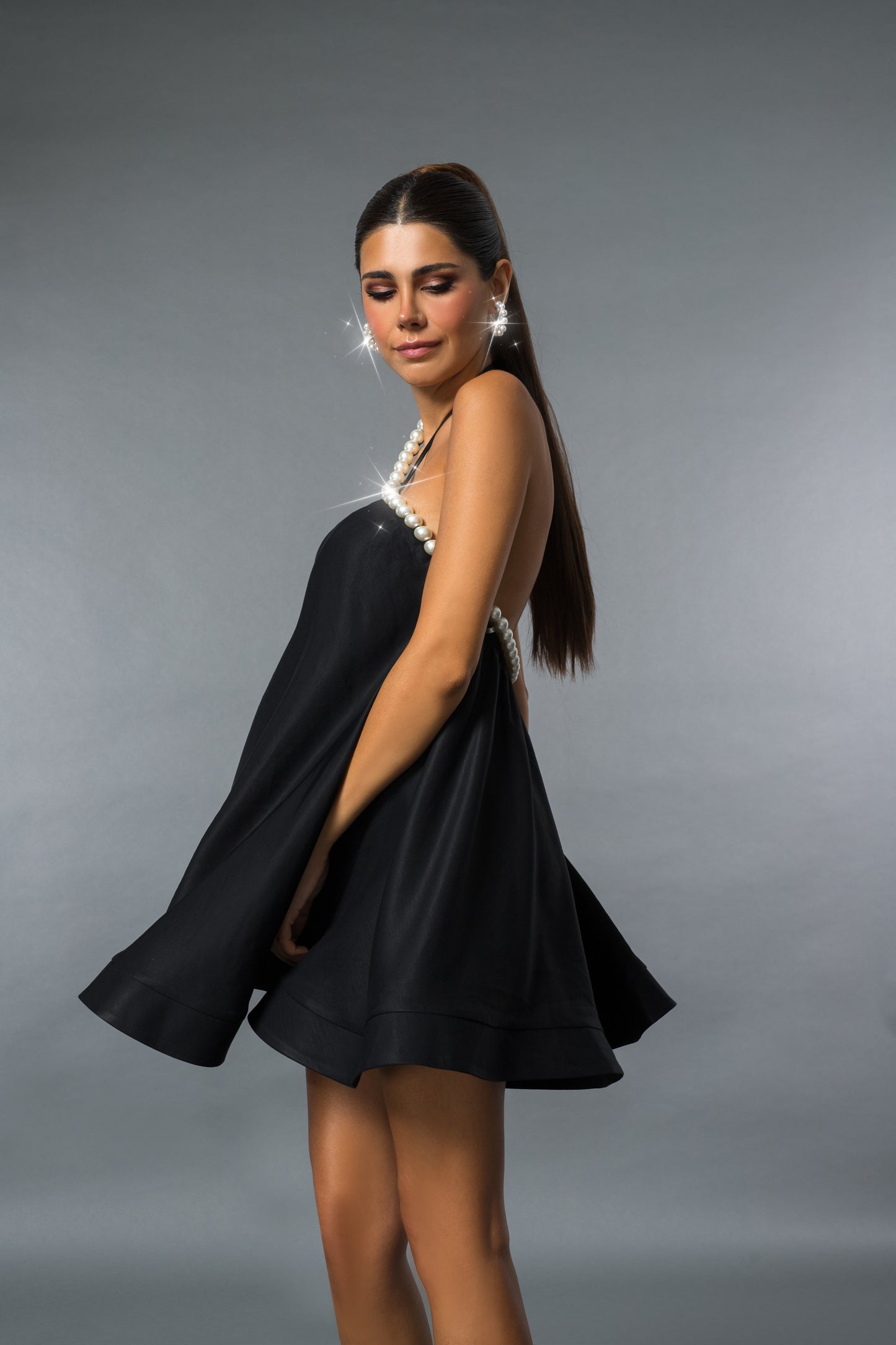 White Pearls Black Dress