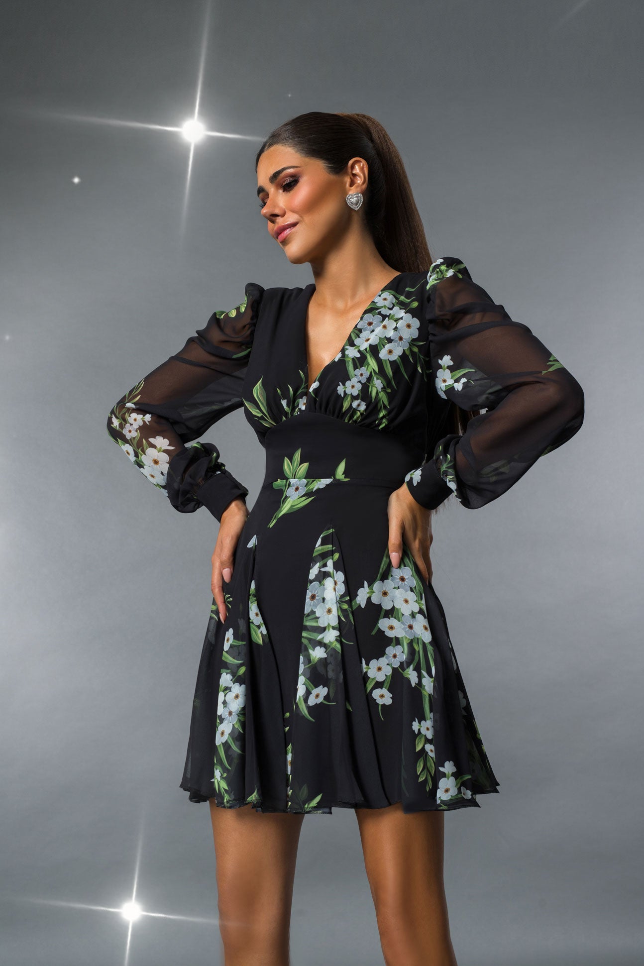 Fall Print Chiffon Black Dress