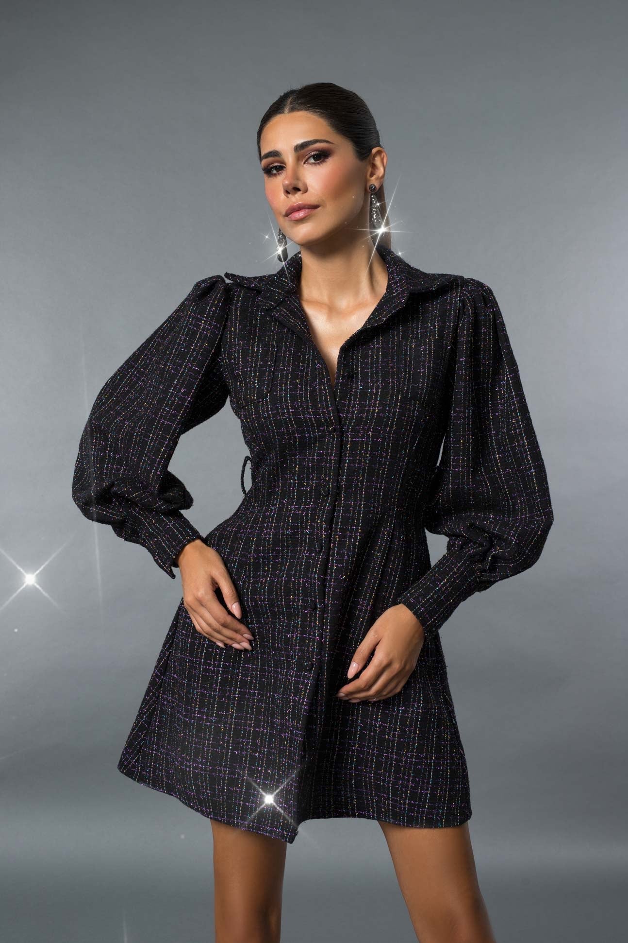 Long Sleeved Tweed Black Dress
