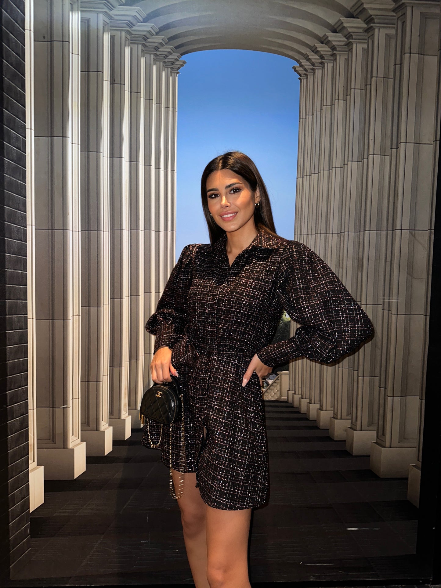 Long Sleeved Tweed Black Dress