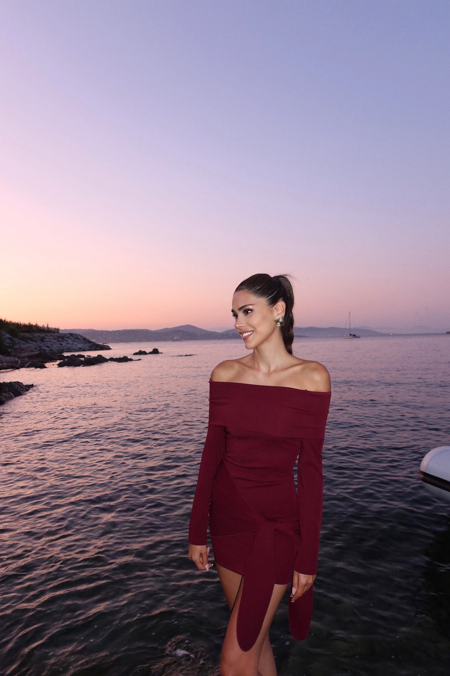 Burgundy Off-Shoulder Knot Dress