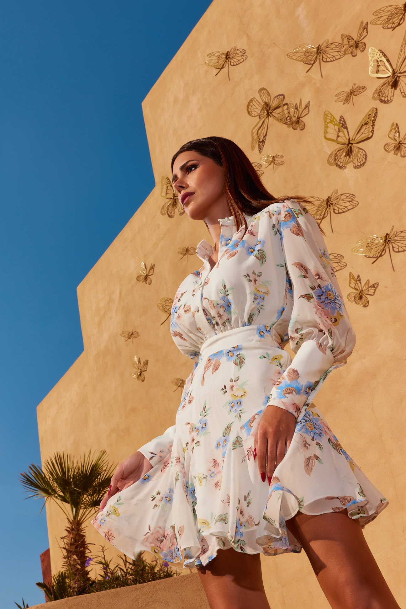 White Floral Chiffon Charm Notched Dress