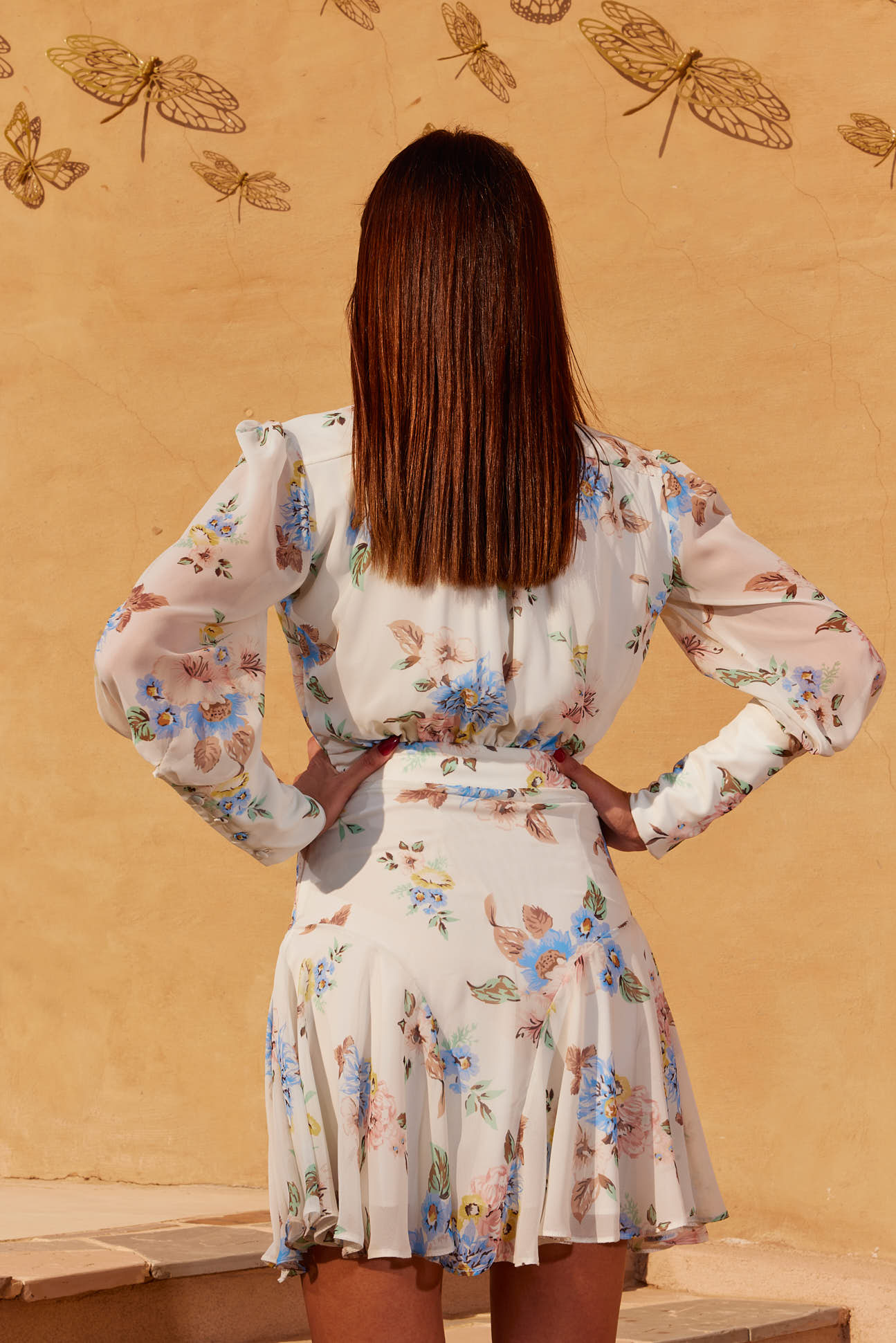 White Floral Chiffon Charm Notched Dress