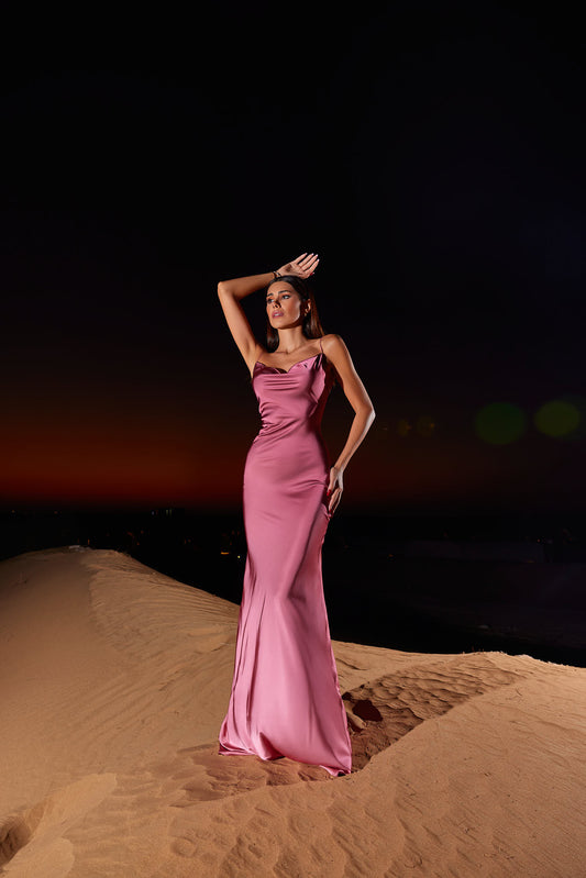 Pink Ombre Satin Cowl Neck Long Dress