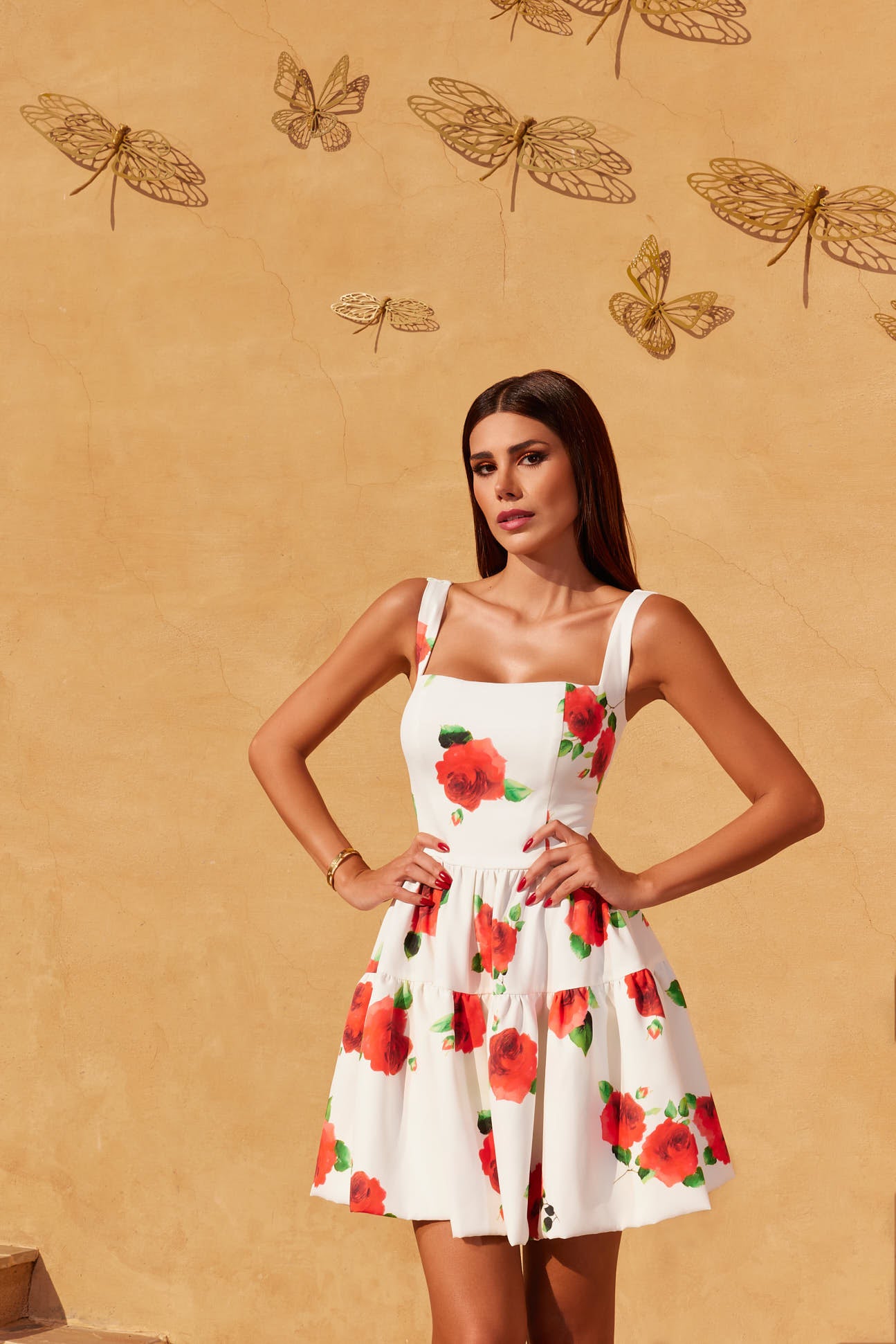 Witte Fit en Flare Rosé Jurk