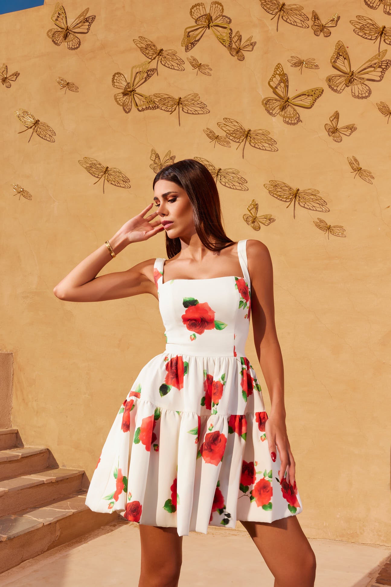 Witte Fit en Flare Rosé Jurk