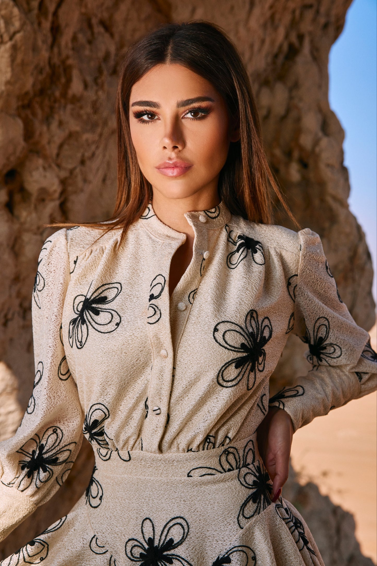 Black Flower Embroidered White Dress