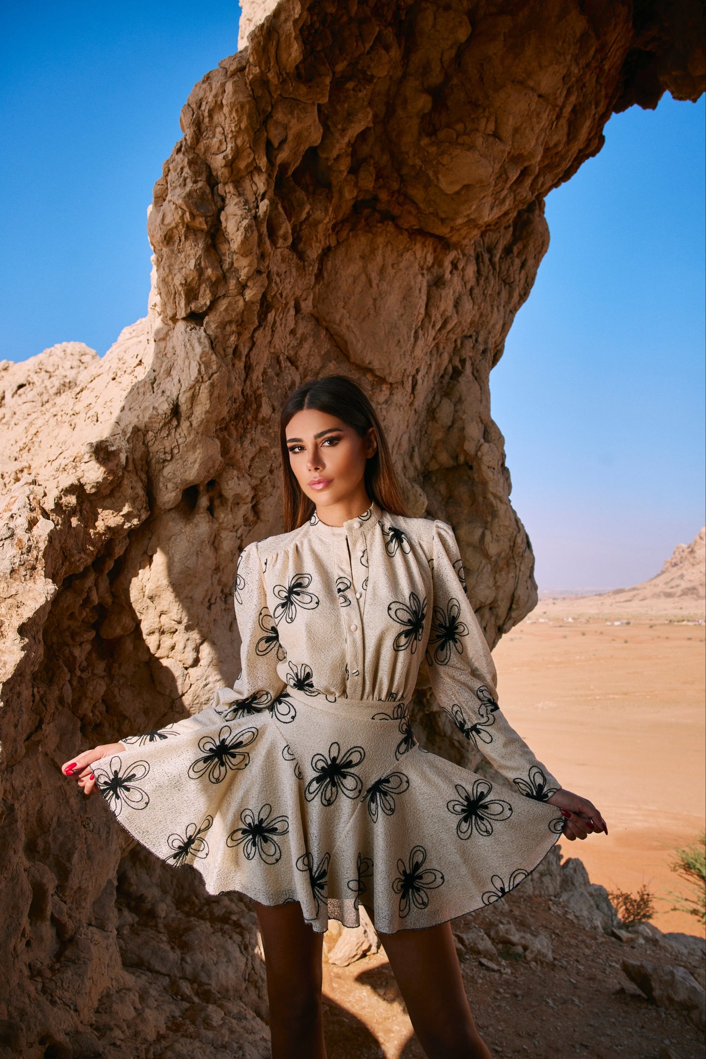 Black Flower Embroidered White Dress