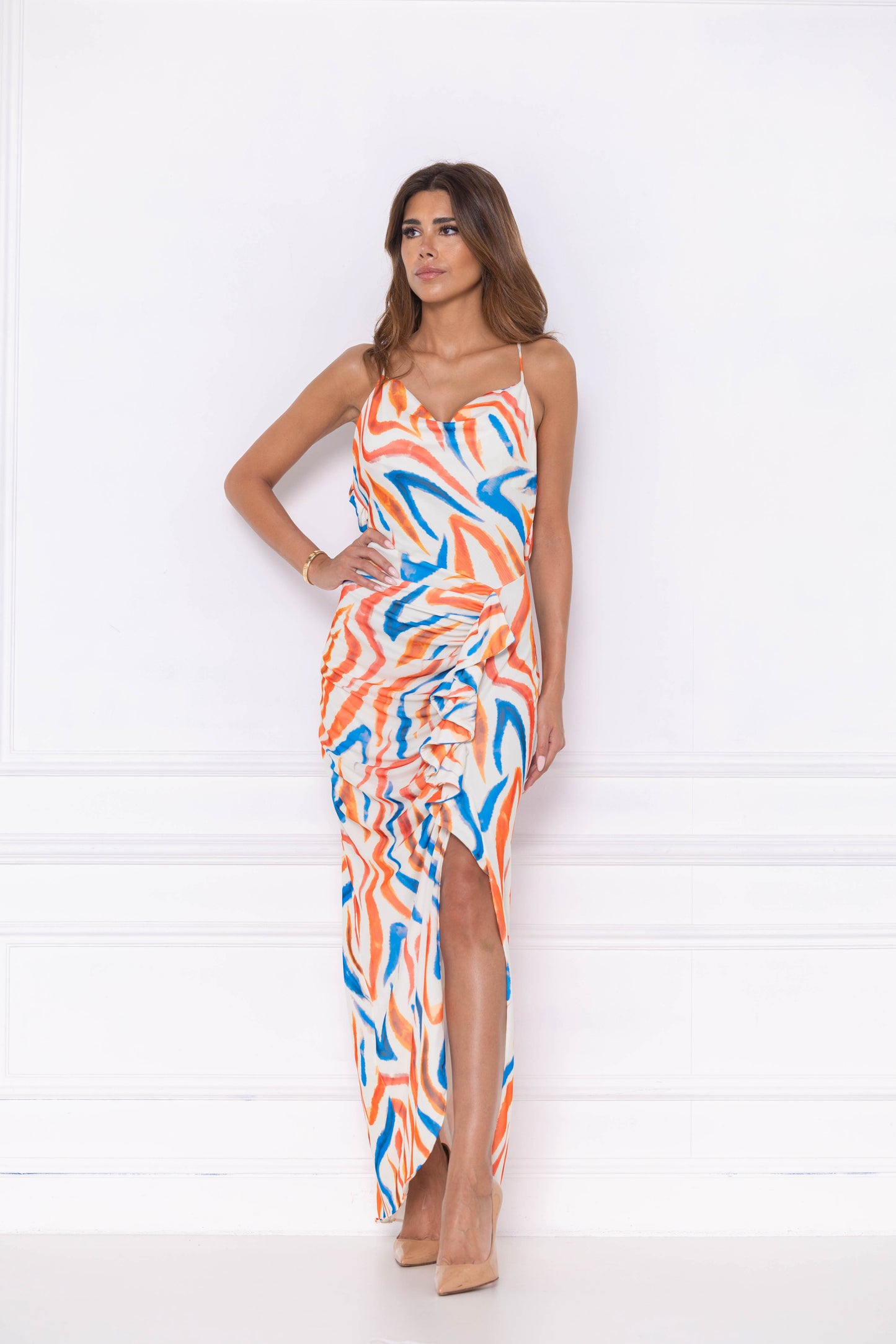 Striped Long Stretch White Dress