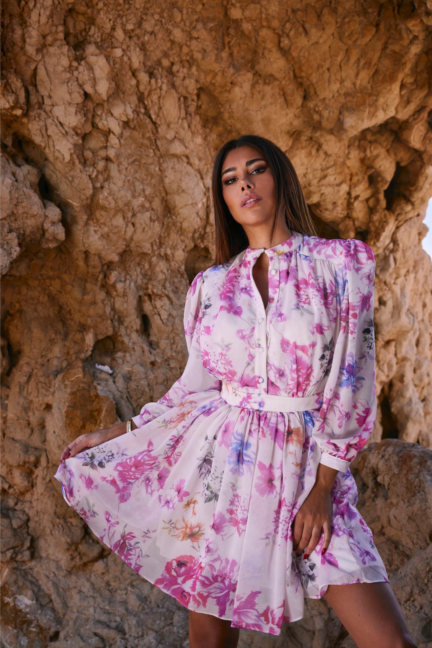 Pink Flower Printed Chiffon Dress