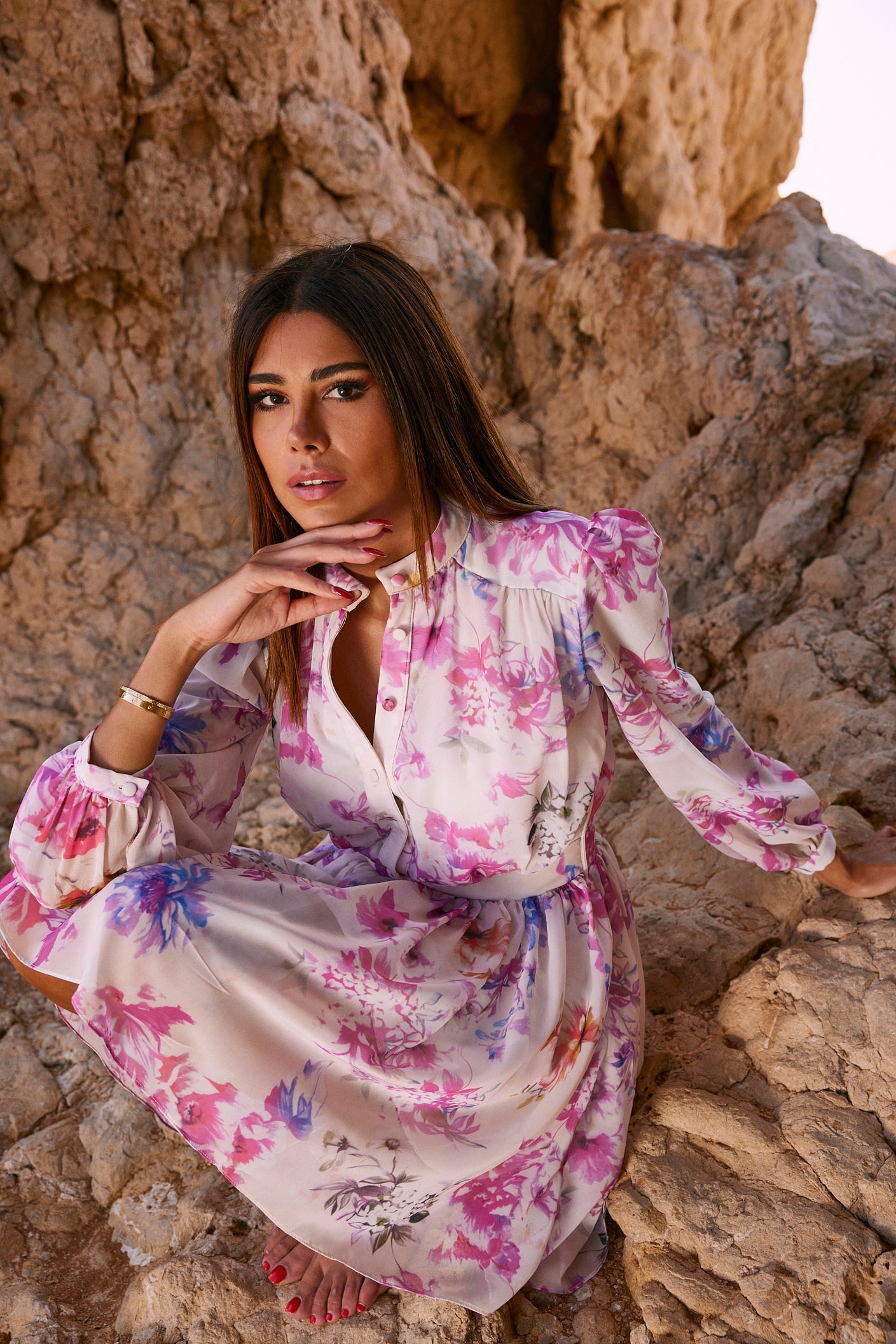 Pink Flower Printed Chiffon Dress