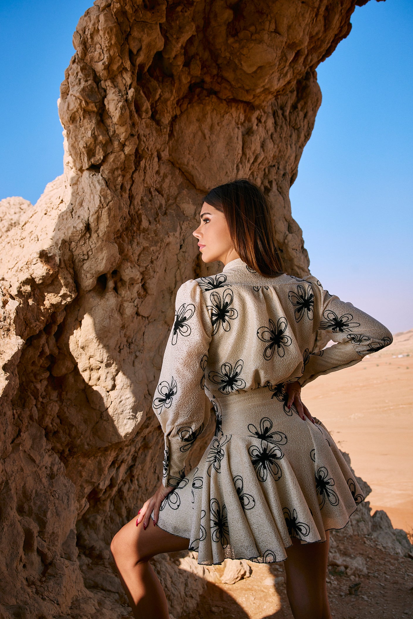 Black Flower Embroidered White Dress