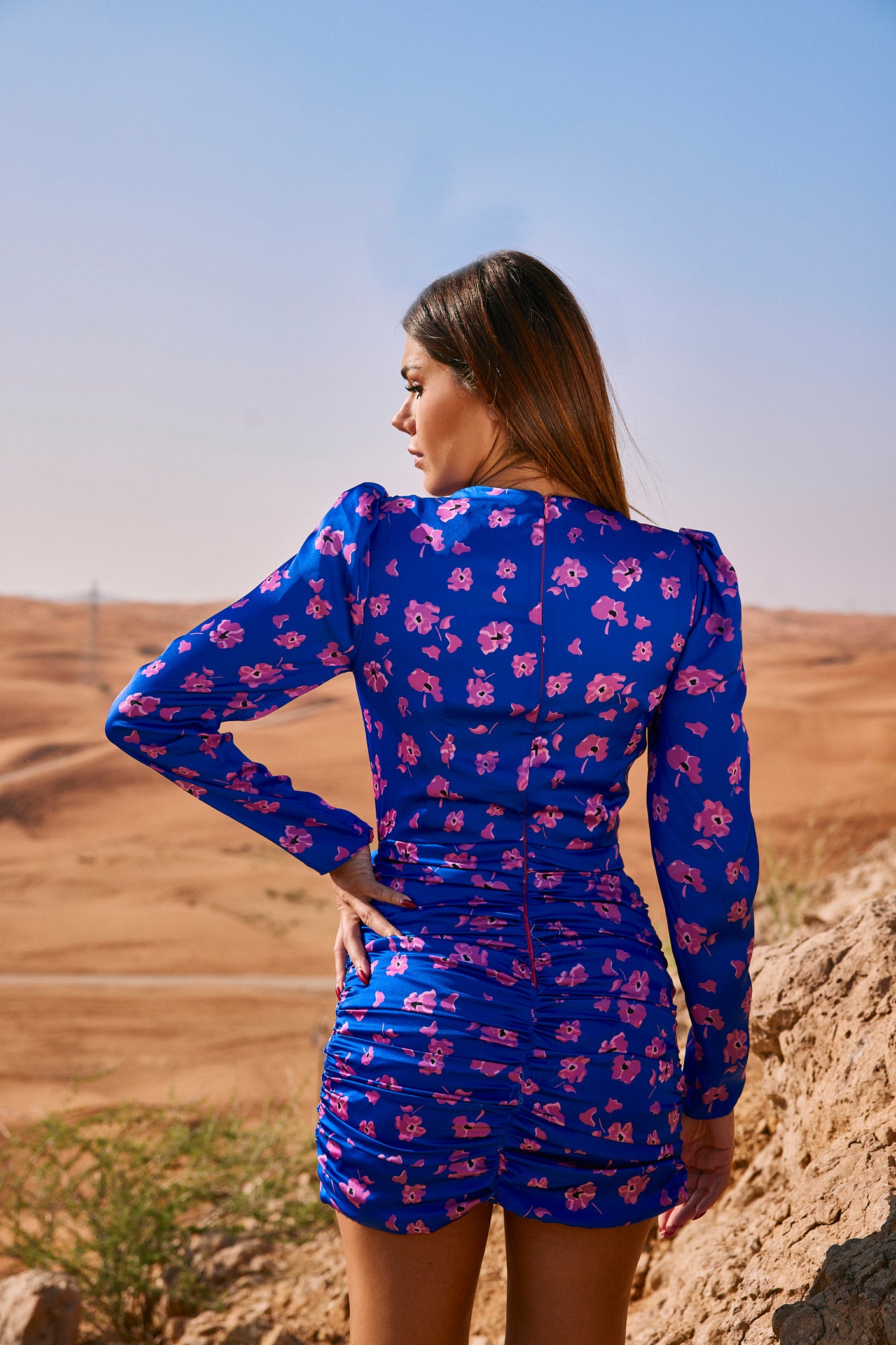 Deep V-Decollete Purple Flower detailed Dress