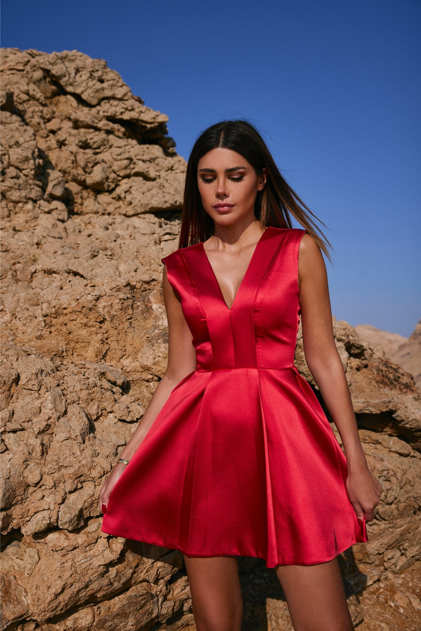 Red Satin Deep V Dress