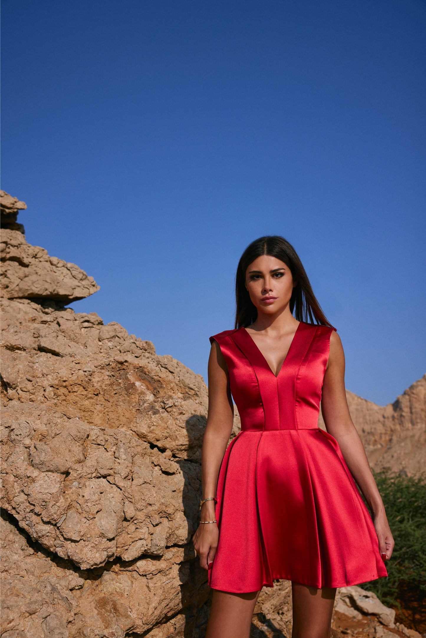 Red Satin Deep V Dress