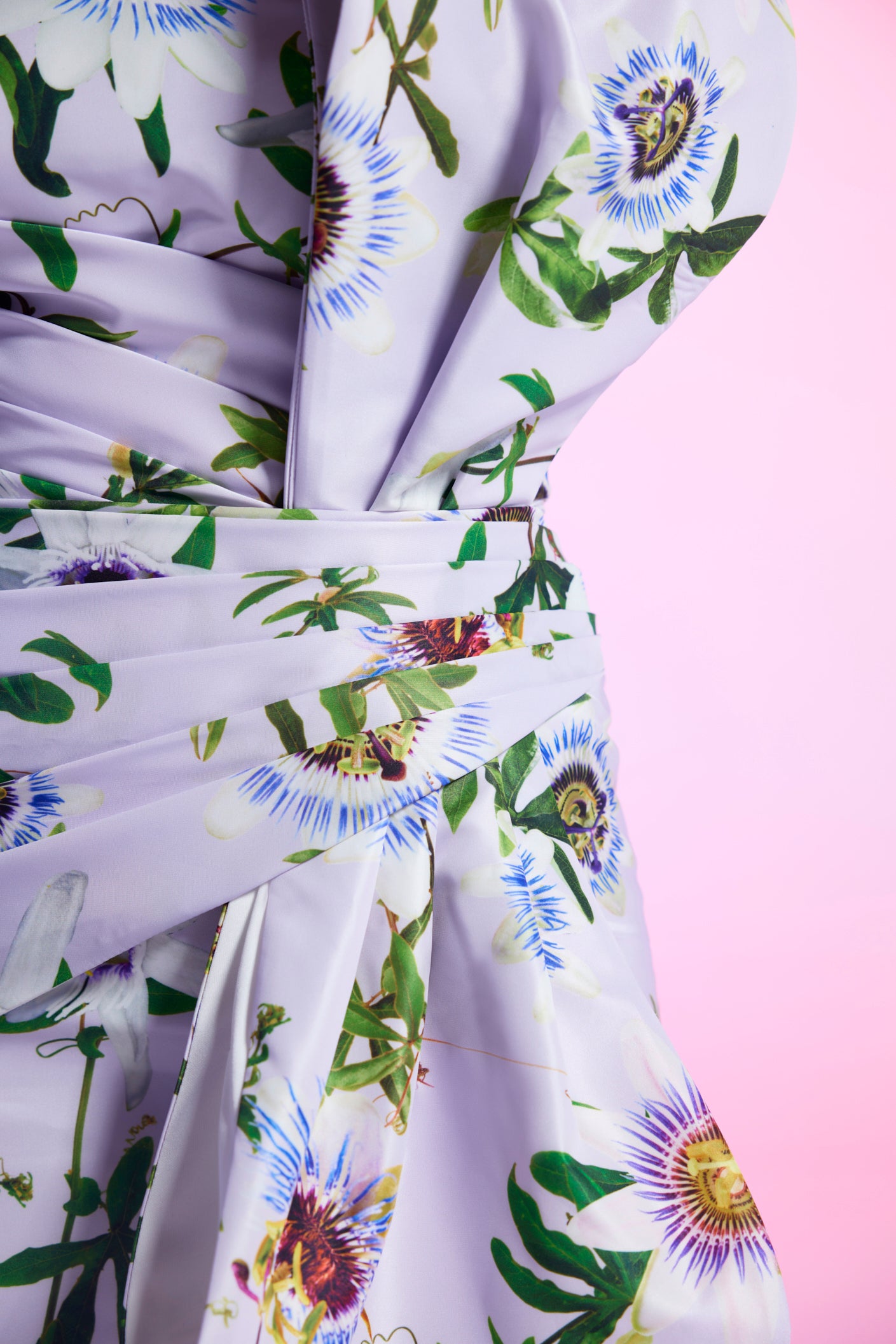 Flower Printed Draped Lilac Dress in Taffeta